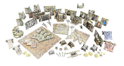 Battle Systems Crypts and Caverns Dungeon Upgrade Pack with modular terrain pieces including walls floor tiles stairs chests crates weapons and arcane maps