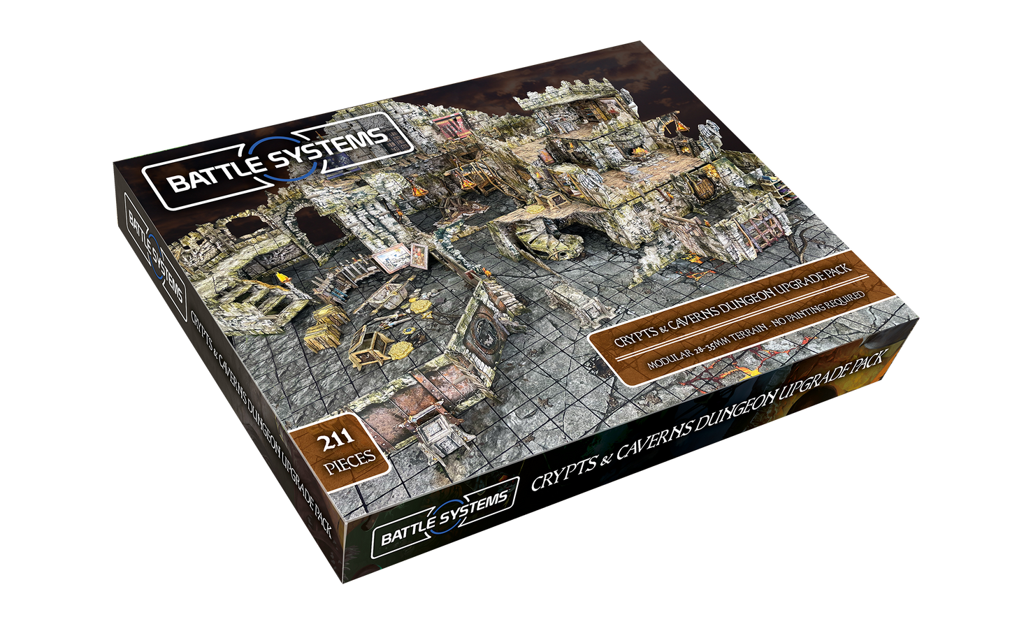 Battle Systems Crypts and Caverns Dungeon Upgrade Pack box showcasing modular 28-35mm terrain pieces and 211 components ideal for fantasy tabletop gaming