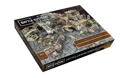 Battle Systems Crypts and Caverns Dungeon Upgrade Pack box showcasing modular 28-35mm terrain pieces and 211 components ideal for fantasy tabletop gaming