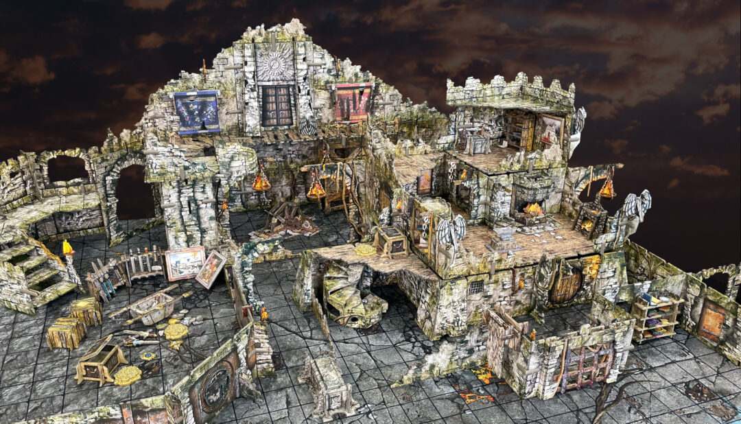 Battle Systems Crypts and Caverns Dungeon Upgrade Pack showcasing multi-level modular terrain with detailed stonework ruins and various medieval props for tabletop gaming
