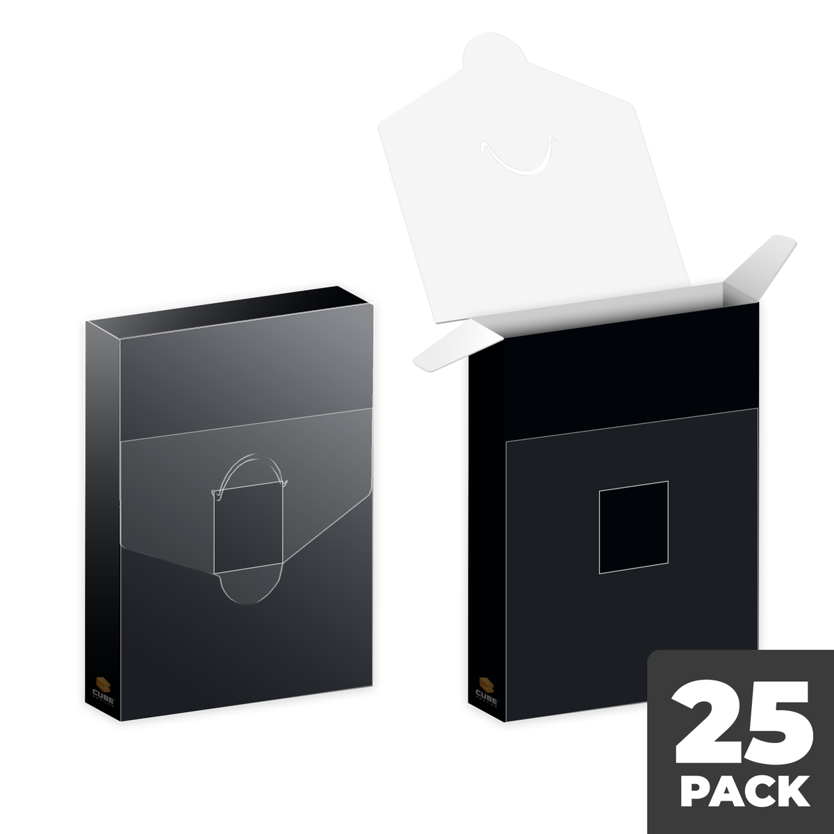 Two black packaging boxes: one closed with a clear window, one open revealing a rectangular cutout, &quot;25 PACK&quot; overlay