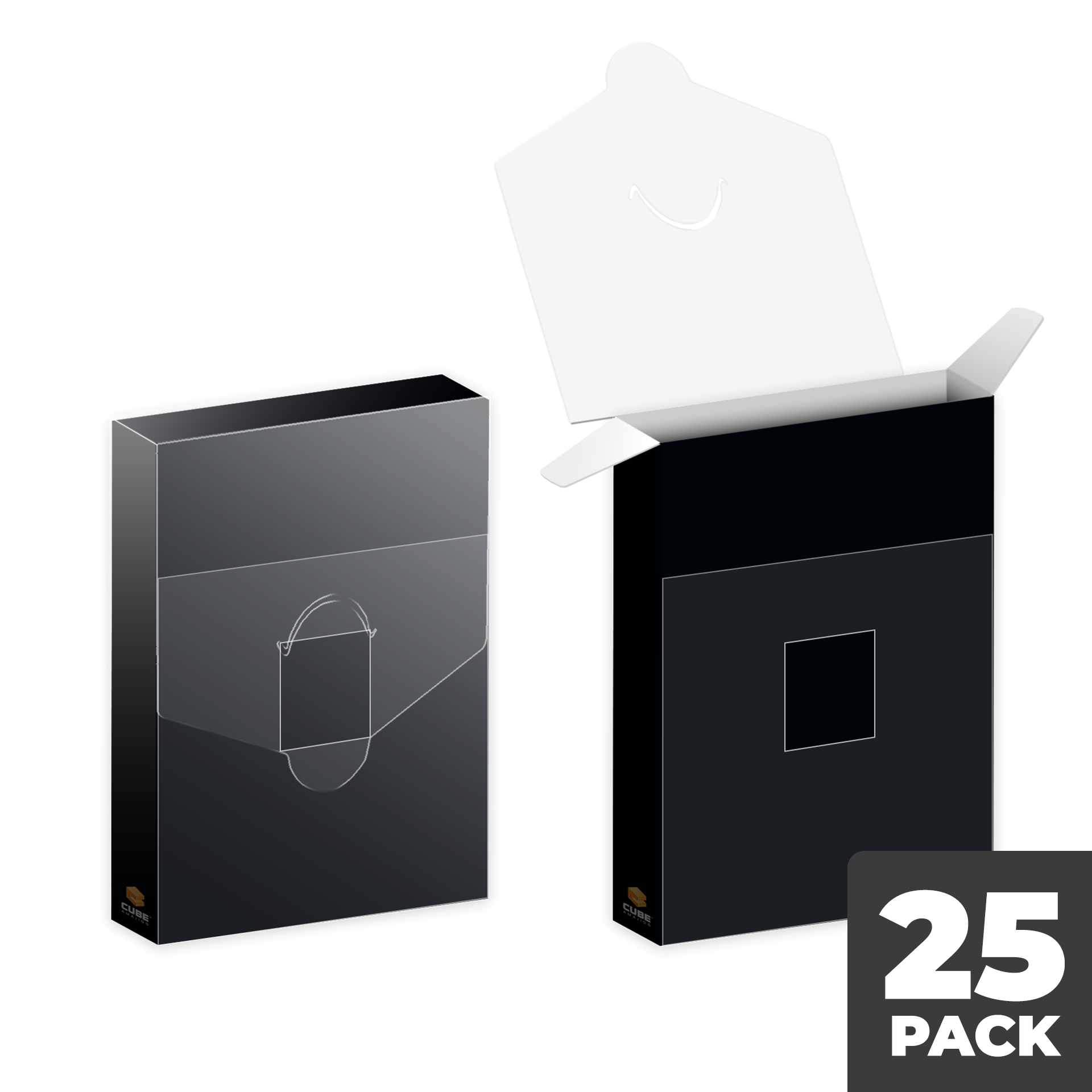 Two black packaging boxes: one closed with a clear window, one open revealing a rectangular cutout, "25 PACK" overlay