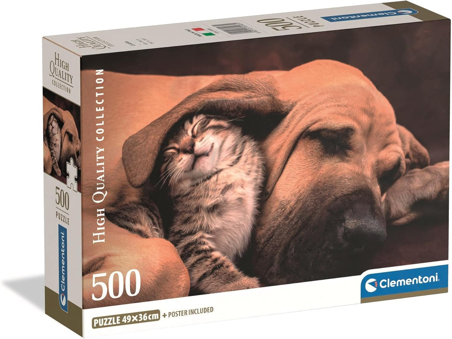 Clementoni High Quality Collection 500-piece puzzle box: Large dog sleeping peacefully with a small kitten tucked under its ear