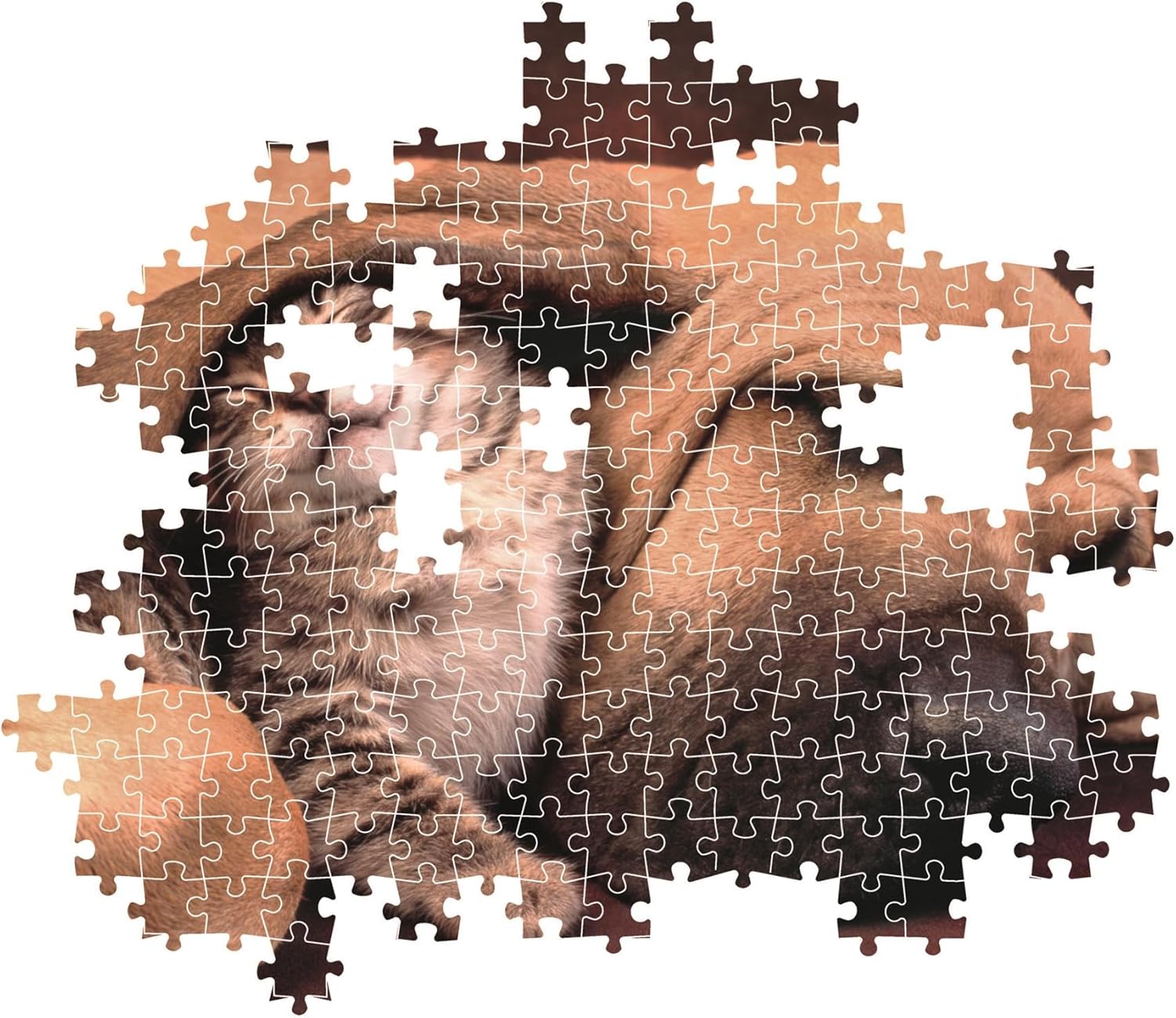 A sleeping tabby cat snuggled into a brown animal, depicted as an incomplete jigsaw puzzle