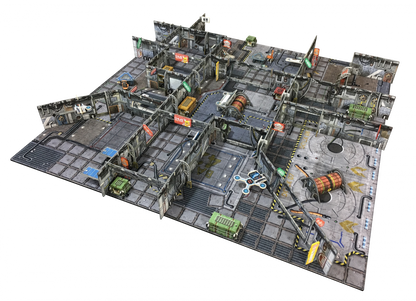 Modular sci-fi tabletop game map, showing interconnected rooms, corridors, and various industrial features.