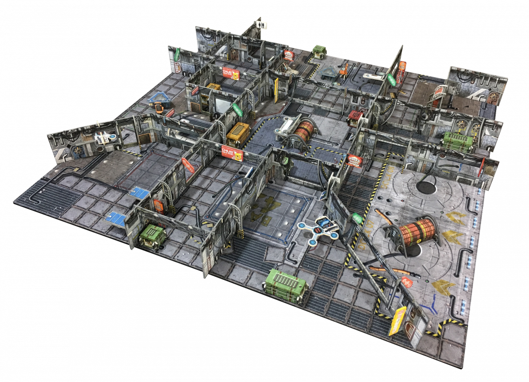 Modular sci-fi tabletop game map, showing interconnected rooms, corridors, and various industrial features.
