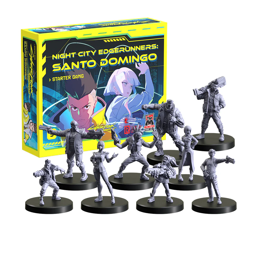 Cyberpunk Edgerunners: Santo Domingo Starter Gang box with nine unpainted grey tabletop miniatures