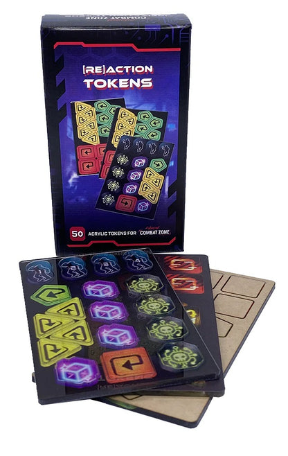 Dark box labeled "reaction TOKENS" with colorful acrylic game tokens showing arrows, skulls, cubes and figures, for Combat Zone