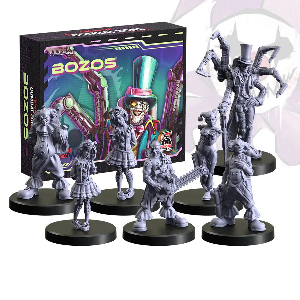 Gray unpainted miniatures of the "Bozos" cyberpunk clown gang, displayed alongside the Combat Zone Starter Gang box