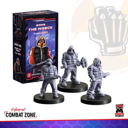 Cyberpunk Combat Zone Zoners: Gonks box and 3 unpainted gas-masked miniatures with a crowbar, hammer, and pipe