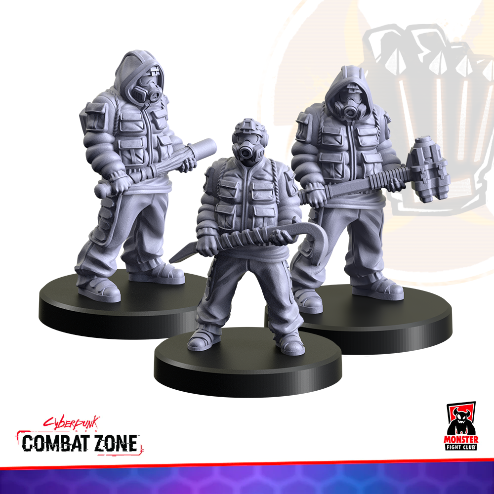 Three gray Cyberpunk Combat Zone miniatures: characters in gas masks and tactical gear, holding a bat, blade, and hammer