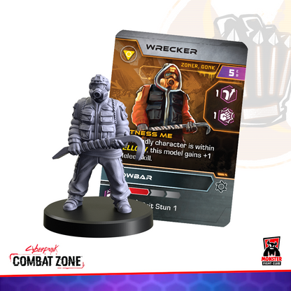 Gray Wrecker miniature wearing a gas mask and holding a crowbar, standing before its Cyberpunk Combat Zone game card