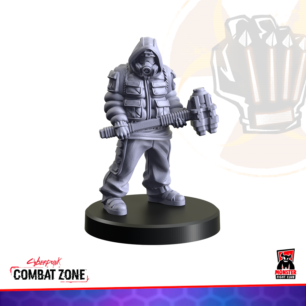 Grey cyberpunk gaming miniature of a hooded figure in a gas mask, holding a large futuristic hammer