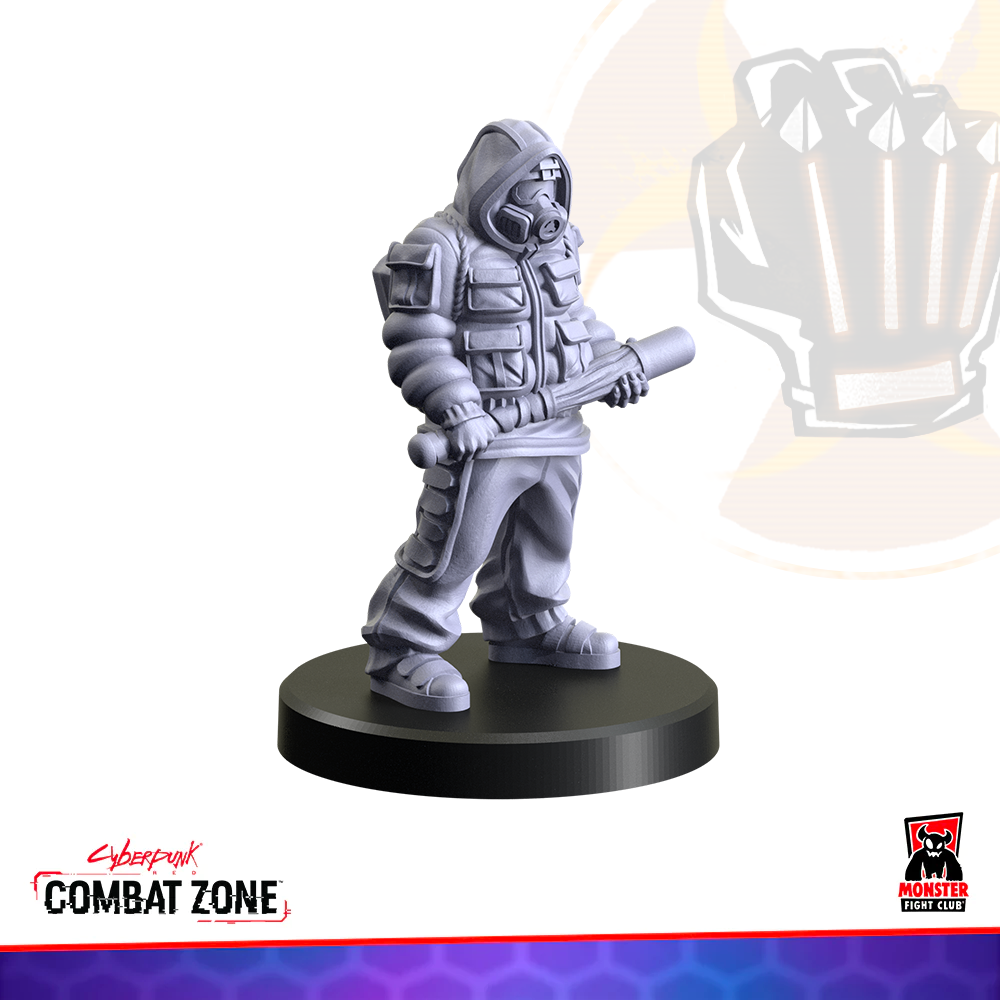 Grey cyberpunk miniature of a hooded figure wearing a gas mask and tactical gear, holding a pipe weapon