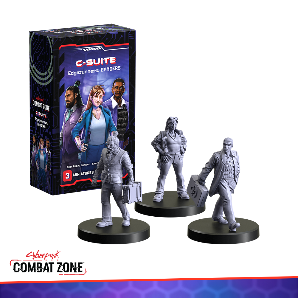 Cyberpunk Combat Zone: C-Suite box & 3 grey miniatures: two men holding briefcases, one woman posing