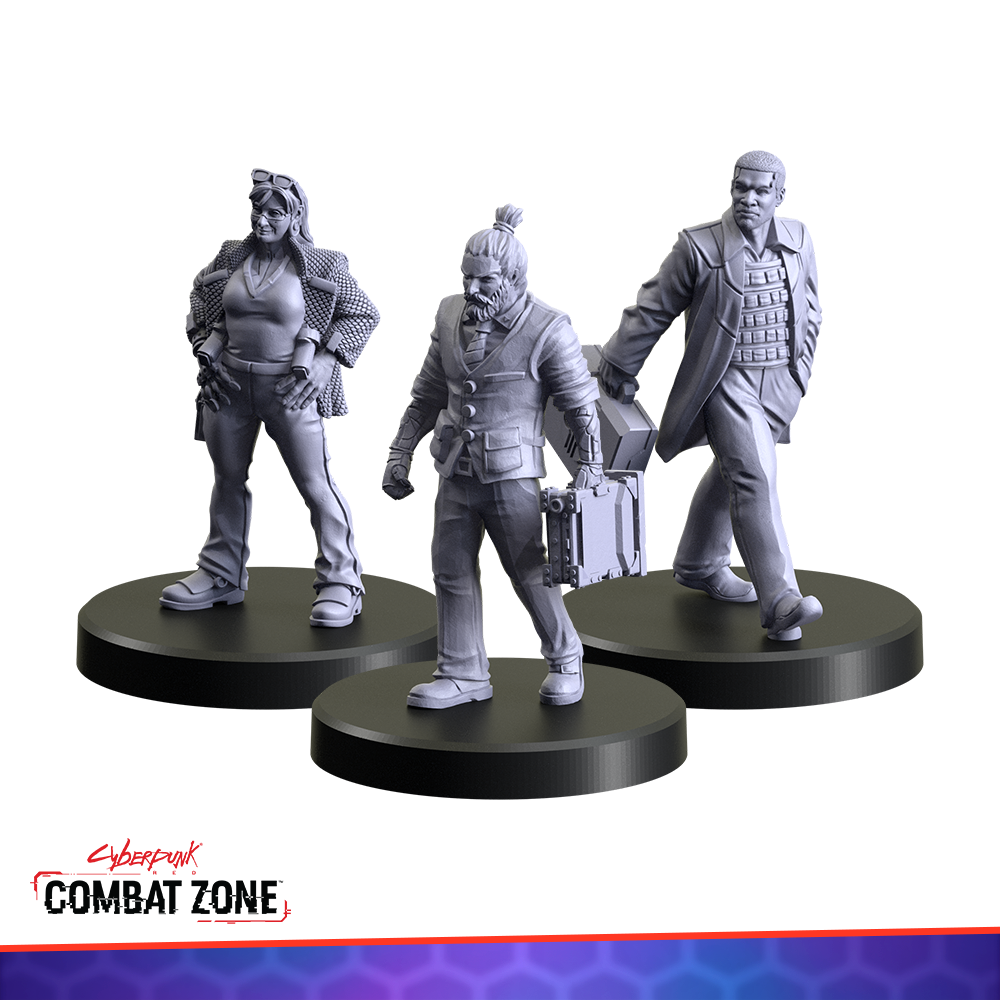 Three unpainted gray Cyberpunk Combat Zone character miniatures: a woman, a bearded man with a tech-briefcase, and a man in a trench coat