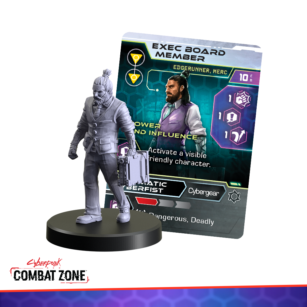 Unpainted miniature of a bearded man in a suit holding a briefcase, next to a Cyberpunk game card for an "Exec Board Member."