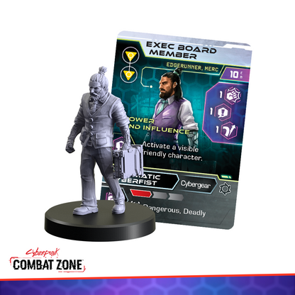 Unpainted miniature of a bearded man in a suit holding a briefcase, next to a Cyberpunk game card for an "Exec Board Member."