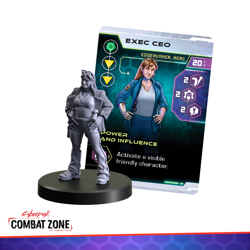 Gray miniature of a woman CEO next to her "EXEC CEO" game card, showing a matching illustration