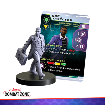 Grey miniature of an Exec Director walking with a briefcase, shown with his Cyberpunk Combat Zone game card