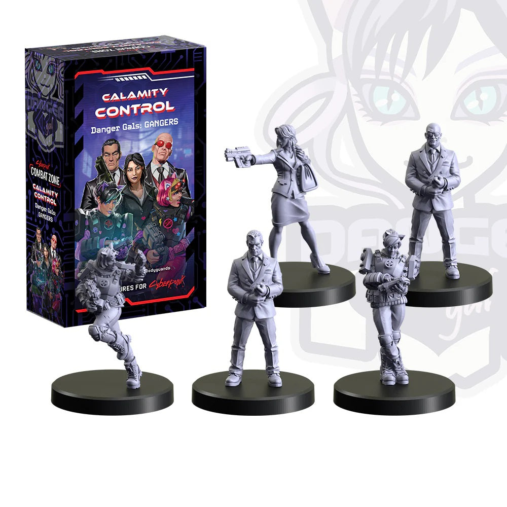Calamity Control Cyberpunk game box with five unpainted gray miniatures on black bases, one woman aiming a pistol