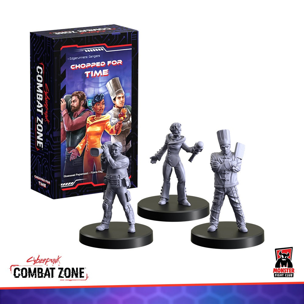 Cyberpunk Combat Zone set with 3 unpainted miniatures: a cameraman, a woman with a device, and a chef with a cleaver