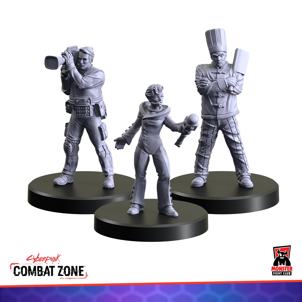 Three gray cyberpunk miniatures: a cameraman, a reporter with a microphone, and a chef with a cleaver