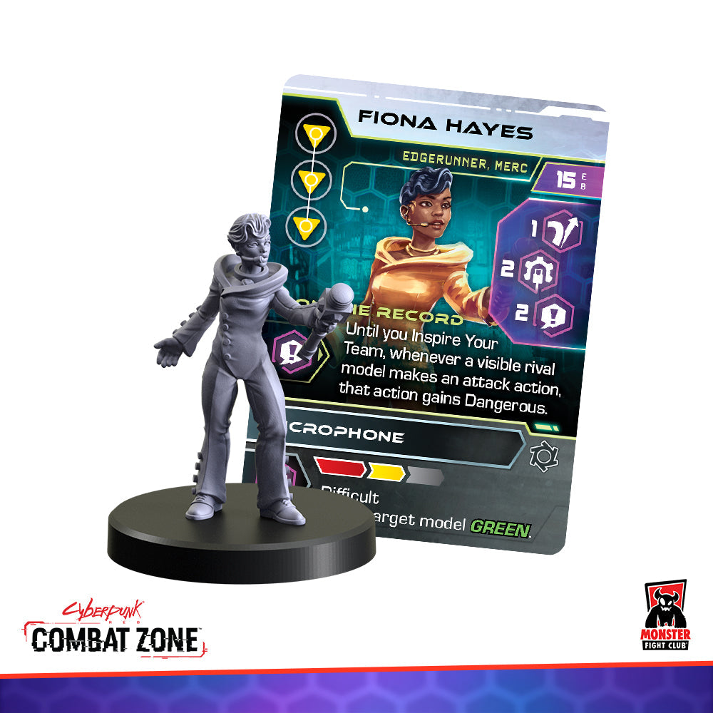 Gray female miniature holding a microphone, standing next to her 'Fiona Hayes' character card