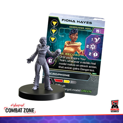 Gray female miniature holding a microphone, standing next to her 'Fiona Hayes' character card