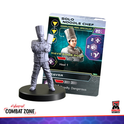 Grey miniature chef holding a cleaver, next to a "Solo Noodle Chef" game card with a matching illustration