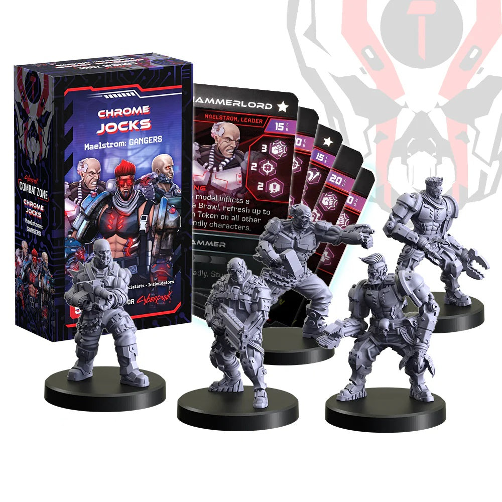 Chrome Jocks Maelstrom Gangers miniature game set with five unpainted cyberpunk figurines, character cards and game box
