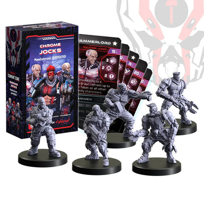 Chrome Jocks Maelstrom Gangers miniature game set with five unpainted cyberpunk figurines, character cards and game box
