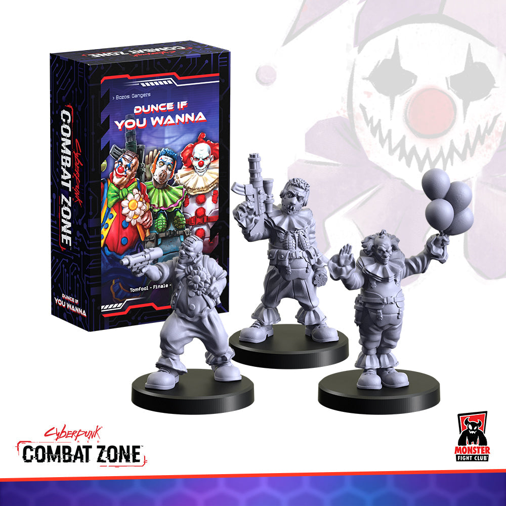 Cyberpunk Combat Zone game box and three unpainted grey clown miniatures: one with a rifle, one with a pistol, and one with balloons