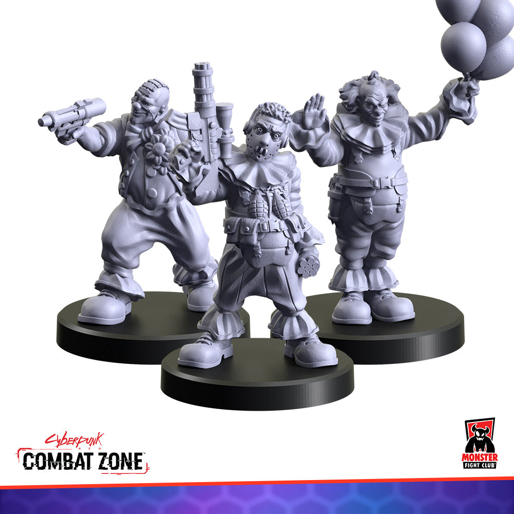 Three unpainted grey cyberpunk combat clown miniatures. Two are armed with guns, one holds balloons