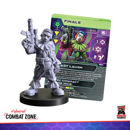 Cyberpunk Combat Zone miniature of a clown-masked soldier with a rifle, backed by its matching character card