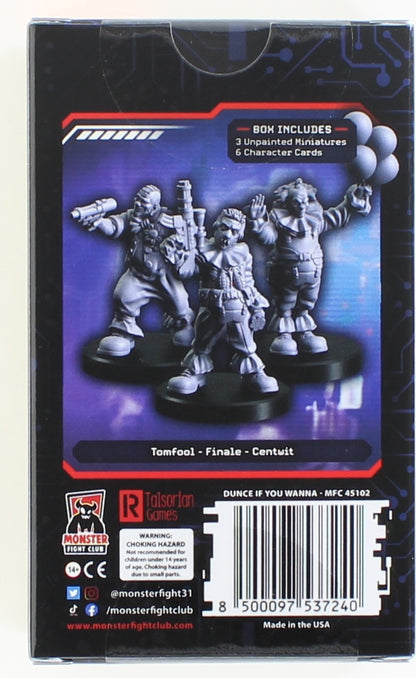 Back of a Monster Fight Club box showing three unpainted grey clown miniatures: one with a pistol, one with a rifle, and one holding balloons