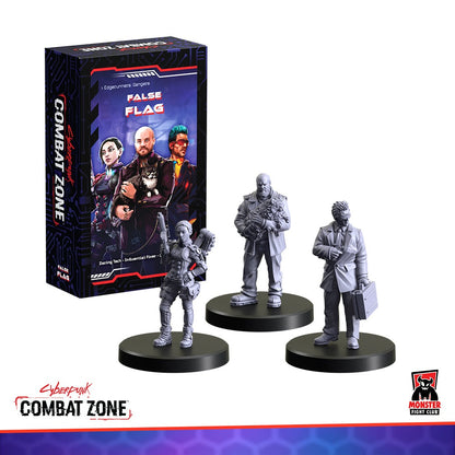 A Cyberpunk Combat Zone: False Flag game box with three unpainted grey character miniatures on black bases