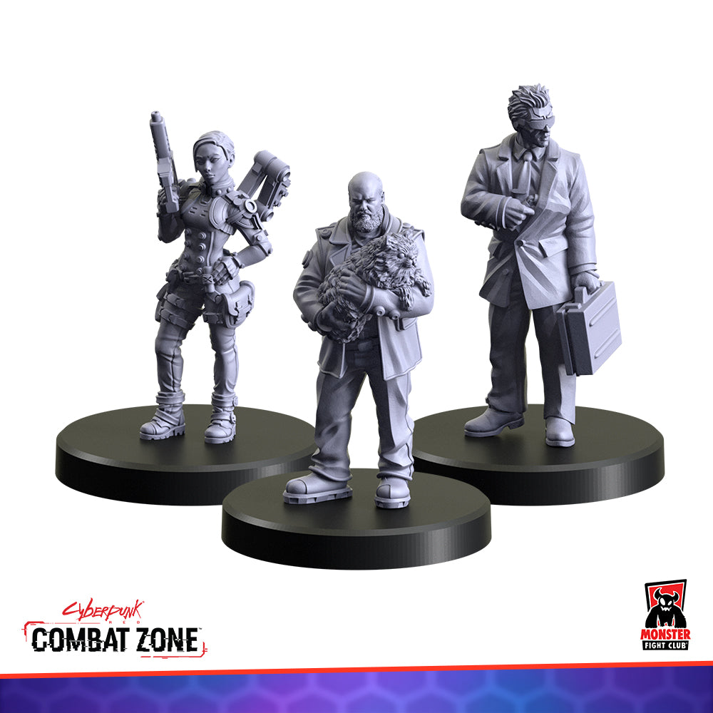 Three grey cyberpunk miniatures: a woman with a rifle, a man holding a pet, and a man in a suit with a briefcase