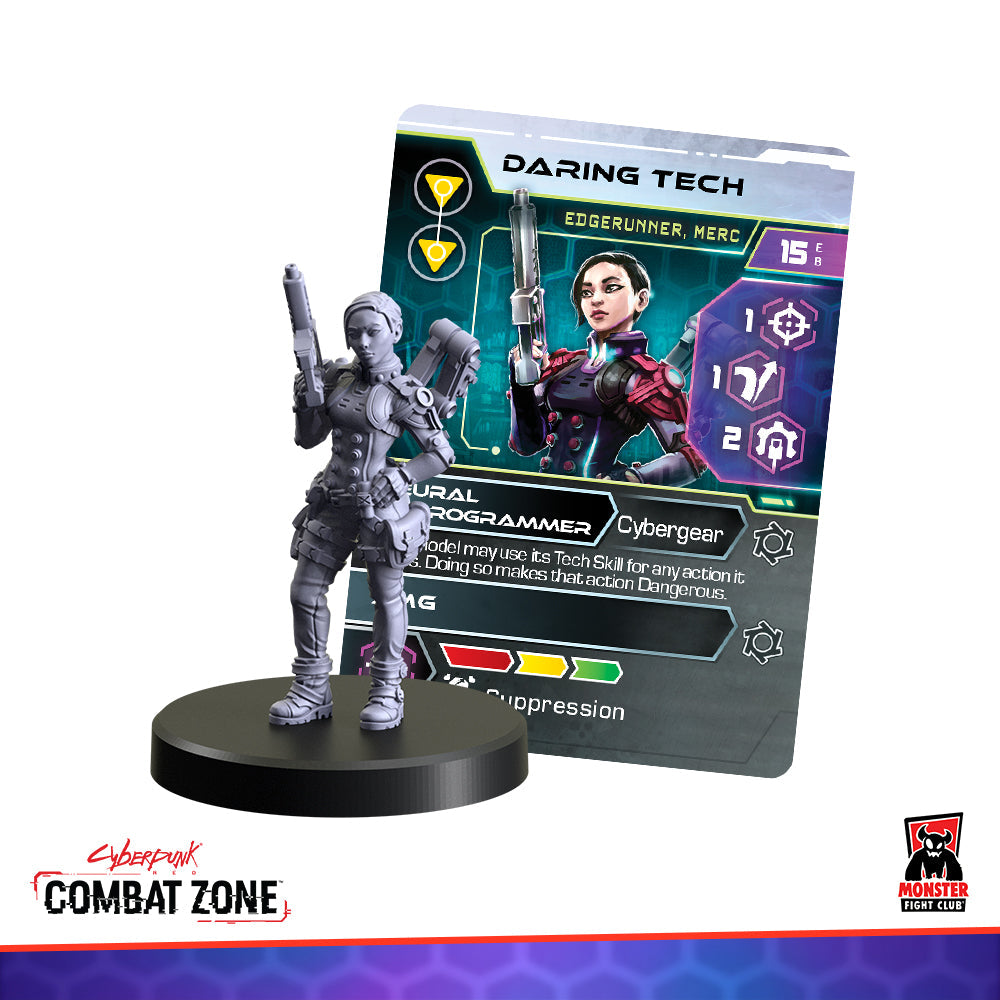 Grey miniature of female Edgerunner "Daring Tech" holding a pistol, beside her matching game card