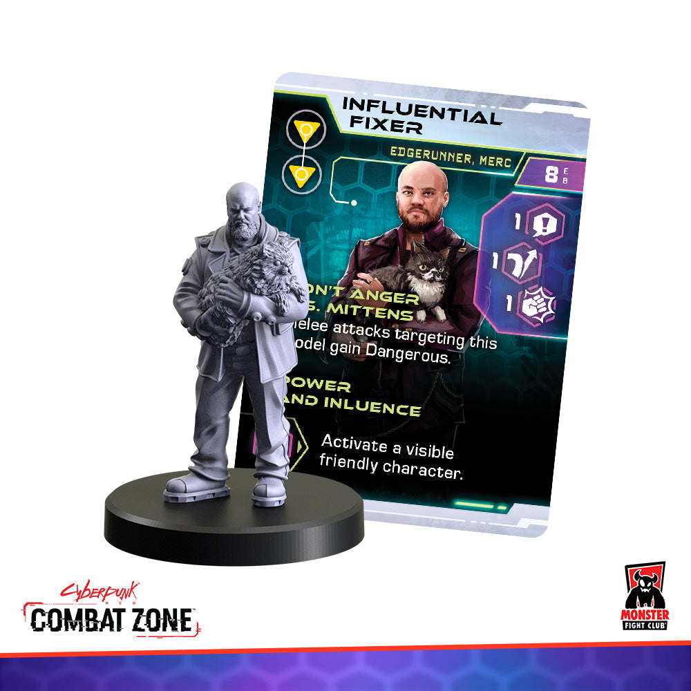 Gray miniature of a bald man holding a fluffy cat, next to its "Influential Fixer" Cyberpunk game card