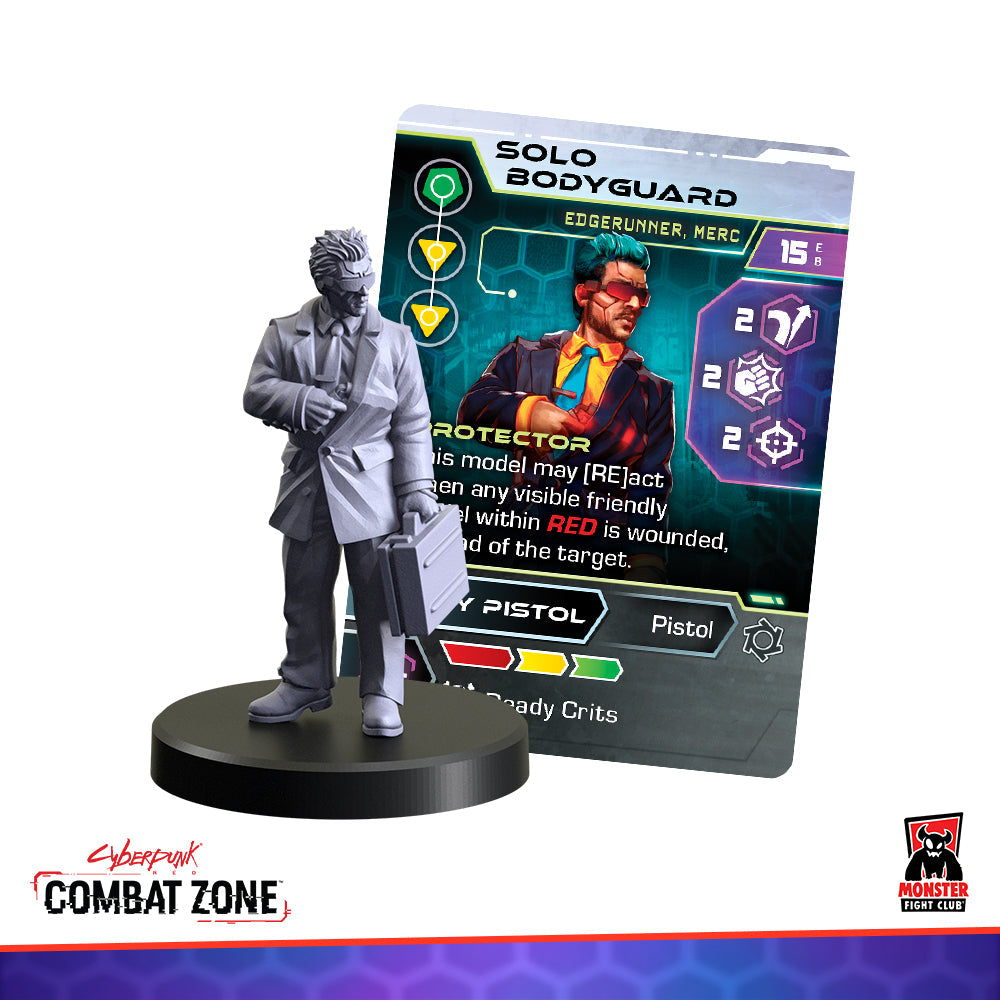 Grey miniature of a suited bodyguard holding a briefcase and pistol, with a 'Solo Bodyguard' game card behind it
