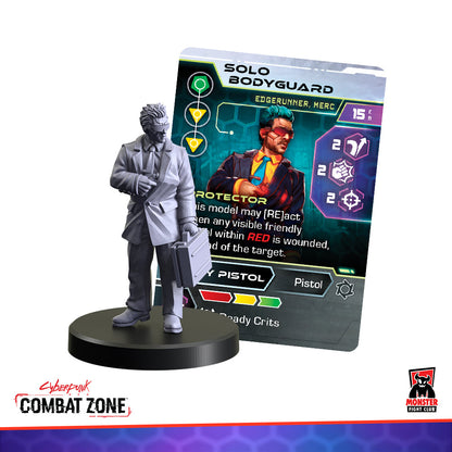 Grey miniature of a suited bodyguard holding a briefcase and pistol, with a 'Solo Bodyguard' game card behind it
