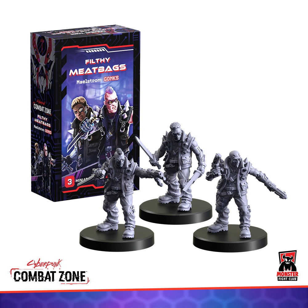 Cyberpunk Combat Zone 'Filthy Meatbags Maelstrom: Gonks' box and 3 unpainted cyberpunk miniatures, armed with swords/pistols