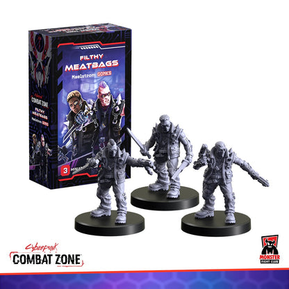Cyberpunk Combat Zone 'Filthy Meatbags Maelstrom: Gonks' box and 3 unpainted cyberpunk miniatures, armed with swords/pistols