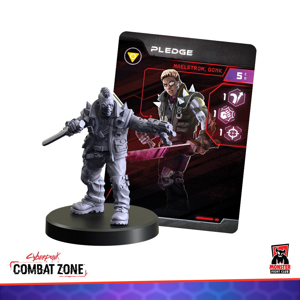 Gray Cyberpunk miniature of a Maelstrom gang member with a blade, next to its 'Pledge' character card