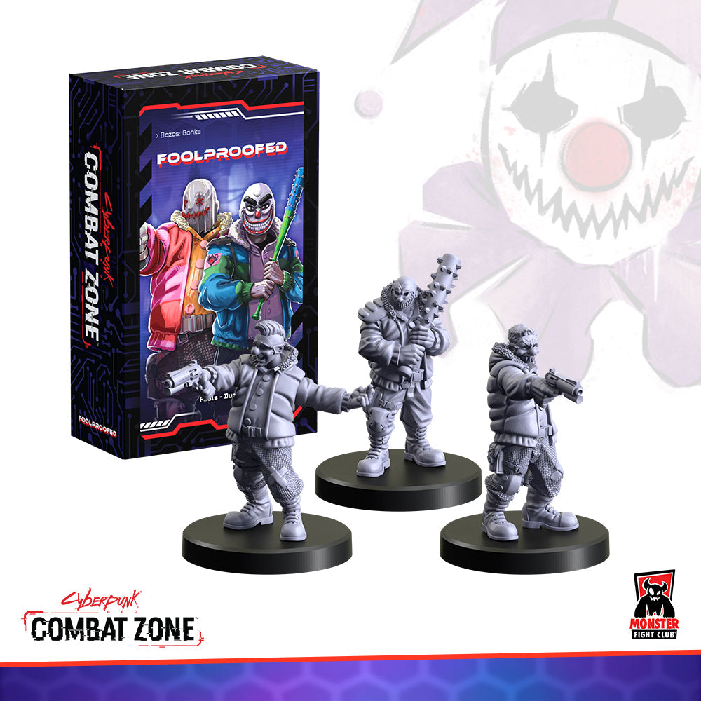 Cyberpunk Combat Zone game box and three unpainted, armed clown miniatures. One with a club, two with pistols