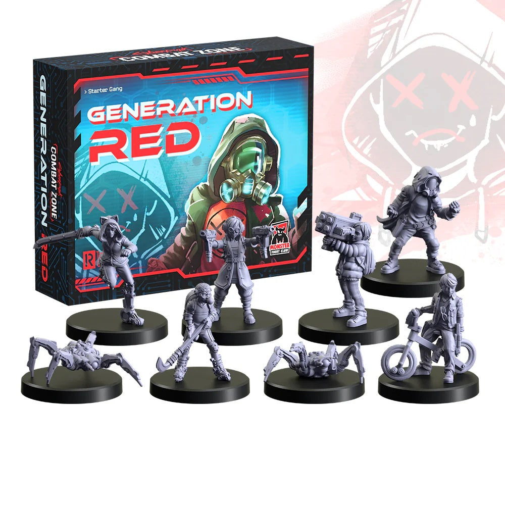 Generation Red Combat Zone game box and 7 unpainted cyberpunk miniatures, including characters and spider-drones