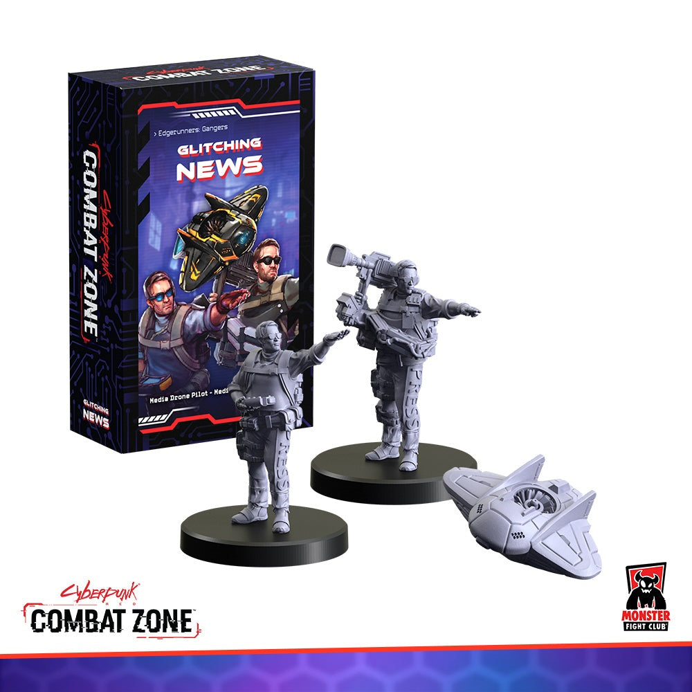 Cyberpunk Combat Zone 'Glitching News' game box with two unpainted press miniatures and a drone.