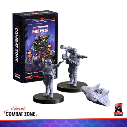 Cyberpunk Combat Zone 'Glitching News' game box with two unpainted press miniatures and a drone.