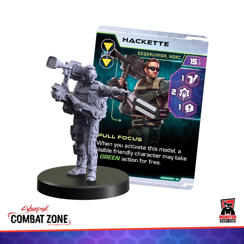 Gray miniature of Hackette, a cyberpunk operator holding a large camera, next to his game card with an armed illustration and 'Pull Focus' ability